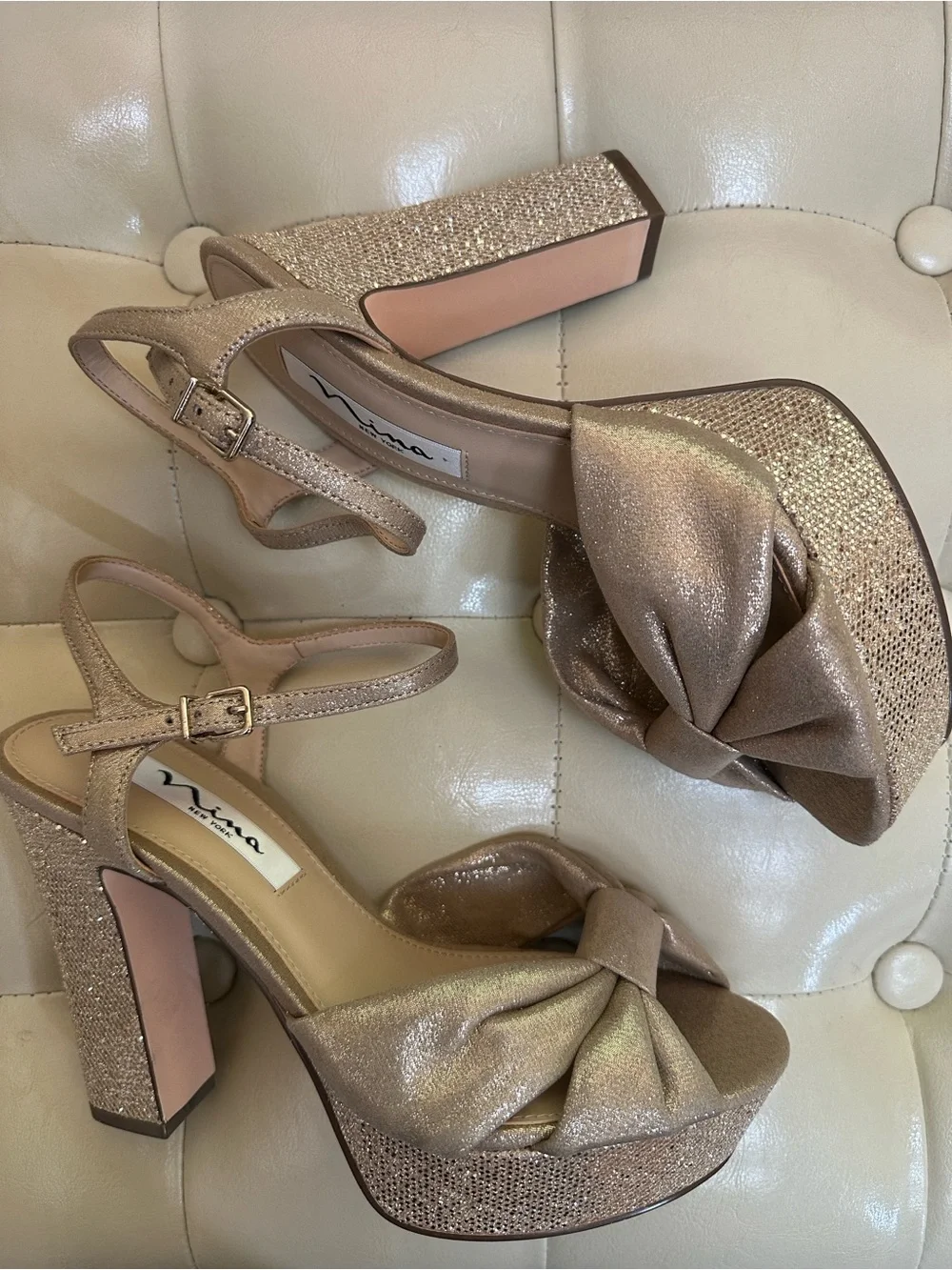 NEW Nina Gold Bling Platform Heeled Sandals, sz 8